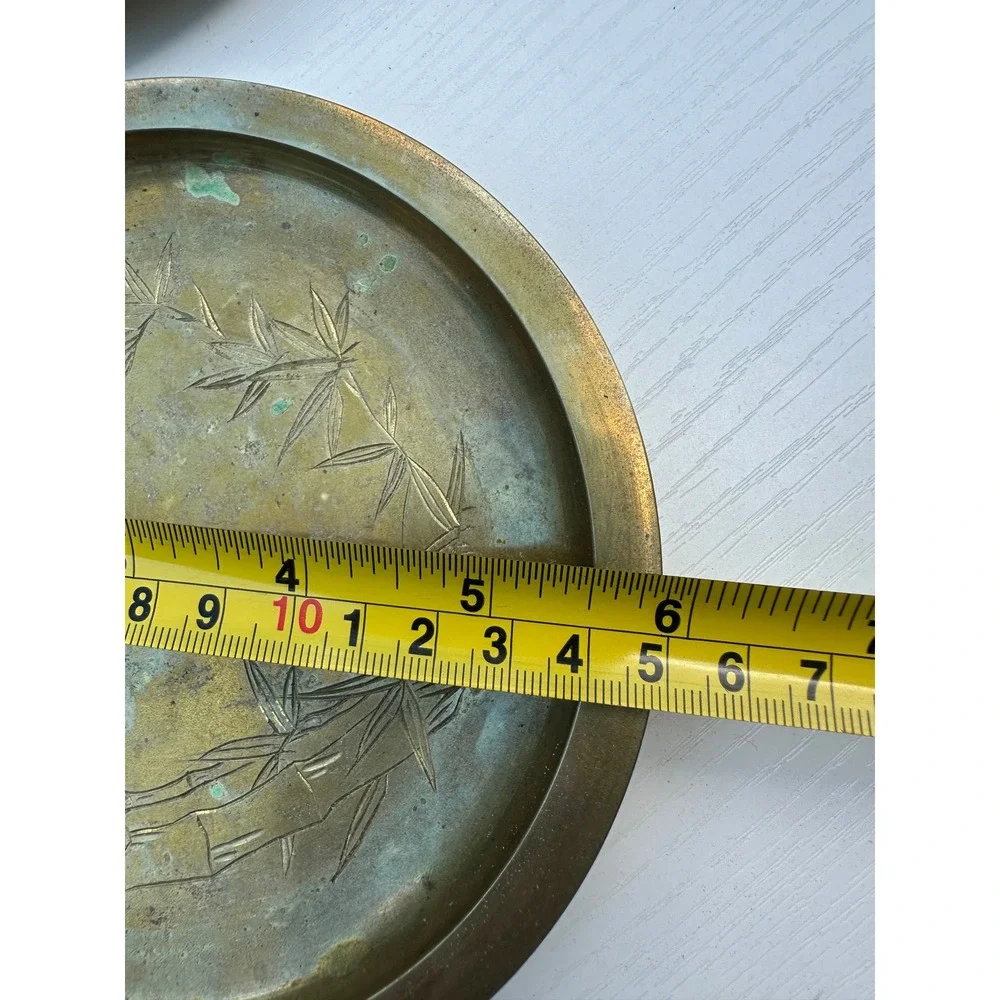 Vintage Brass Plates Etched Floral Bamboo Set of 6 Gold Metal Mid Century 4.75